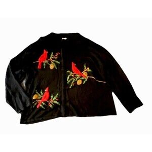 Women’s 2X Black Zip Cardigan Sweater Embroidered Red Cardinals Holiday